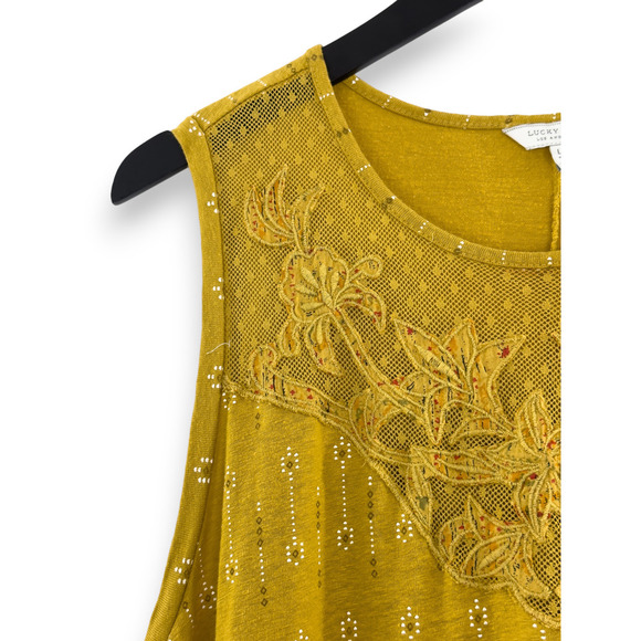 Lucky Brand Tank With Floral Embroidery Mesh - Mustard Yellow - Size L - Picture 4 of 6